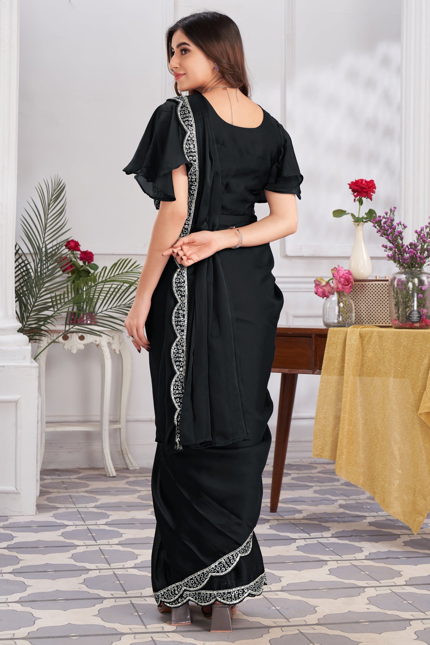 Black Georgette Readymade Saree With Stitched Blouse-ZB133679_2_SareeButa.com