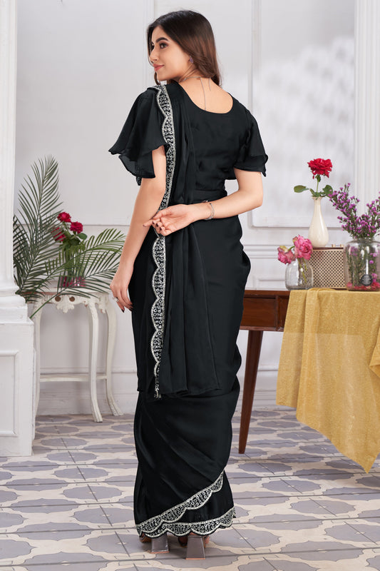 Black Georgette Readymade Saree With Stitched Blouse-ZB133679_2_SareeButa.com