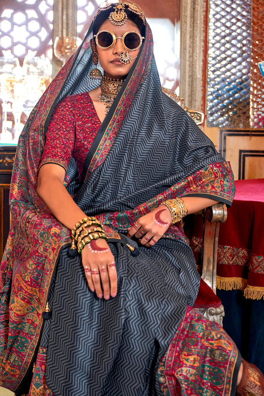 Black & Grey Printed Silk Saree-ZB133641_2_SareeButa.com