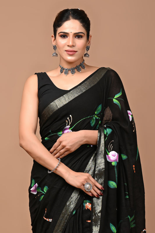 black-handblock-print-cotton-linen-saree-zb132603_2_SareeButa.com