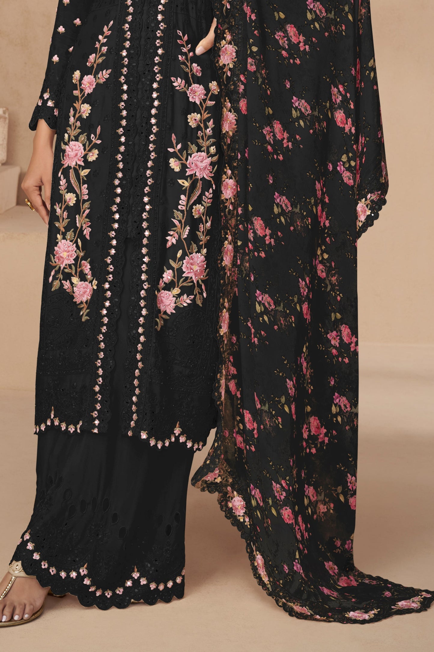 Black Readymade Chinon Silk Palazzo Suit-SS561_3_SareeButa.com