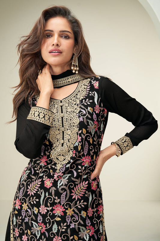 Black Readymade Embroidered Chinnon Silk Suit-SAR10676_2_SareeButa.com