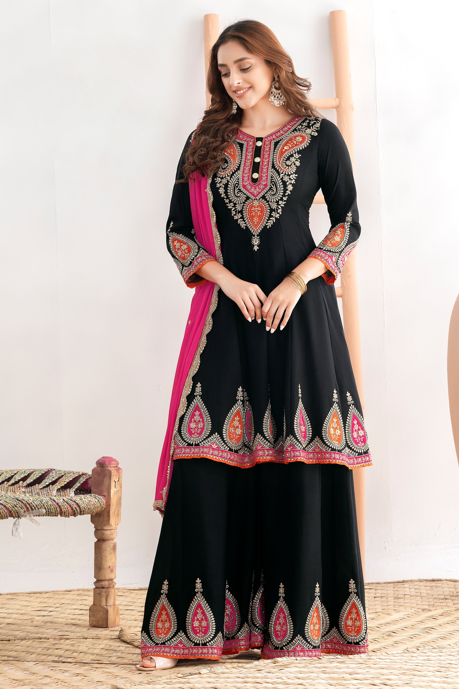 Shop for Black Readymade Embroidered Chinon A-line Suit Online | Saree Buta 