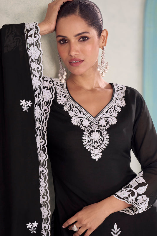 Black Readymade Embroidered Chinon Palazzo Suit-SAR11574_2_SareeButa.com