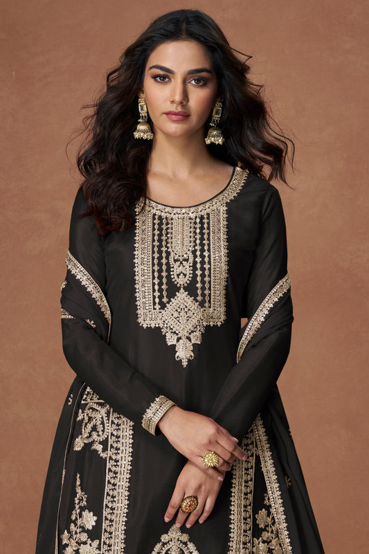 Black Readymade Embroidered Chinon Silk Palazzo Suit-SS366_2_SareeButa.com