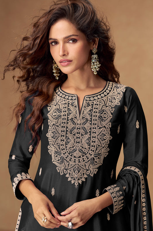 Black Readymade Embroidered Chinon Silk Suit-SAR10511_2_SareeButa.com