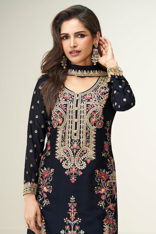 Black Readymade Embroidered Chinon Silk Suit-SAR10653_2_SareeButa.com