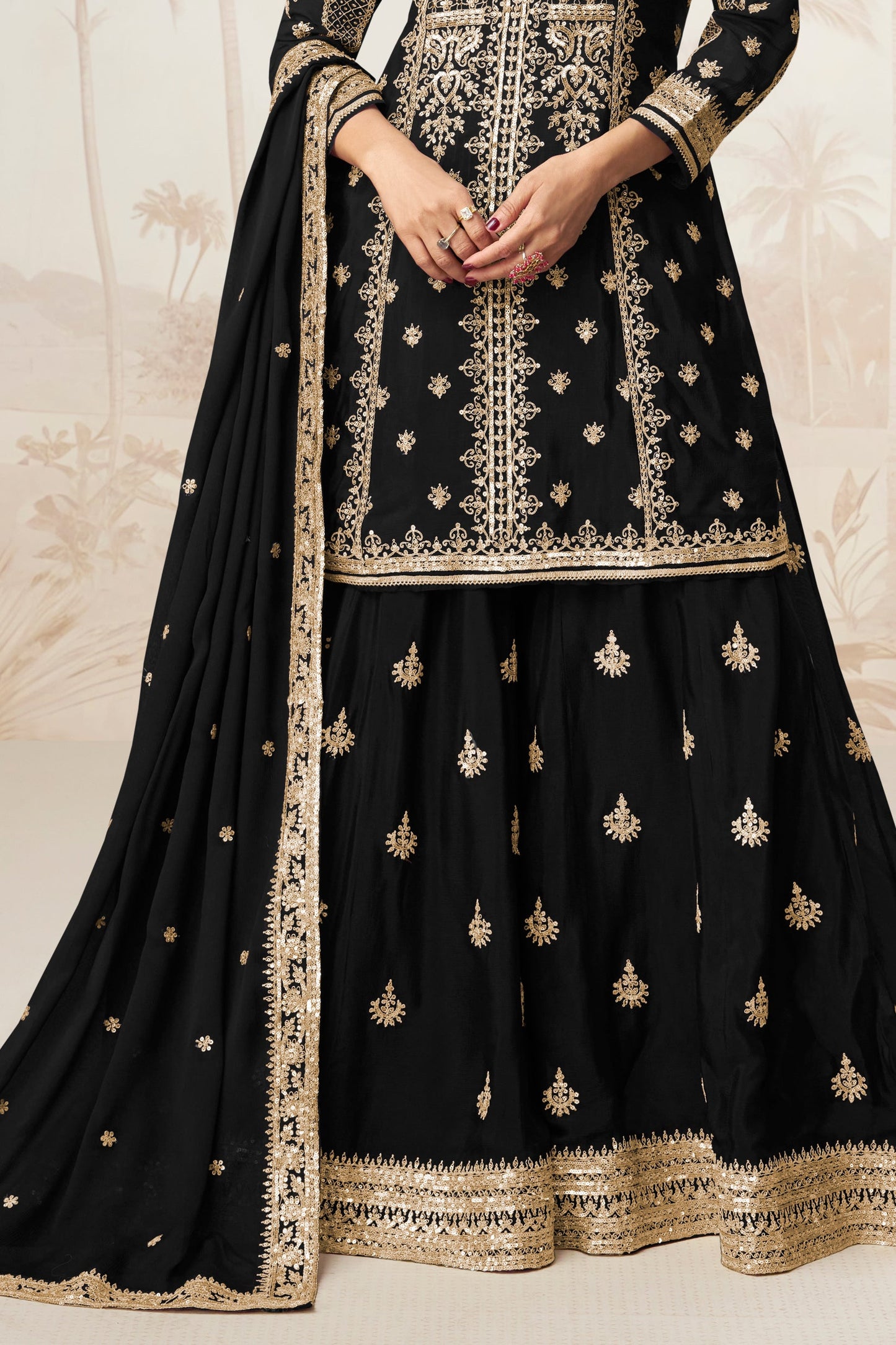 Black Readymade Embroidered Chinon Silk Suit-SS376_4_SareeButa.com
