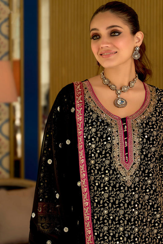 Black Readymade Embroidered Geogette Sharara Suit-SAR12056_2_SareeButa.com