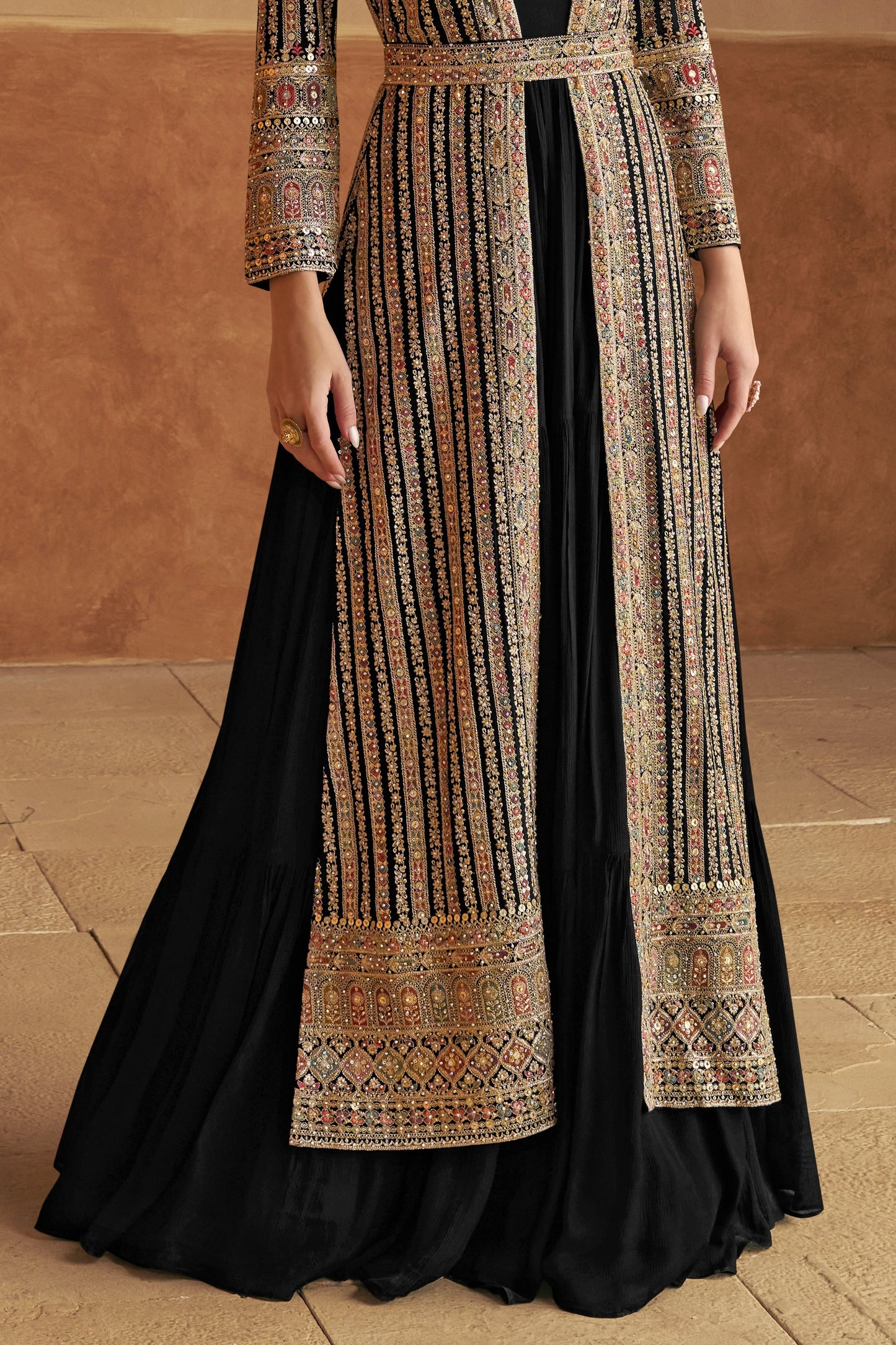 Black Readymade Embroidered Georgette Gown with Jacket-SS515_3_SareeButa.com