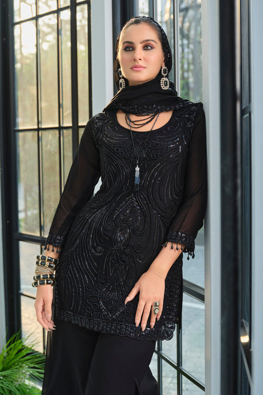 Black Readymade Embroidered Georgette Palazzo Suit-SAR11731_2_SareeButa.com