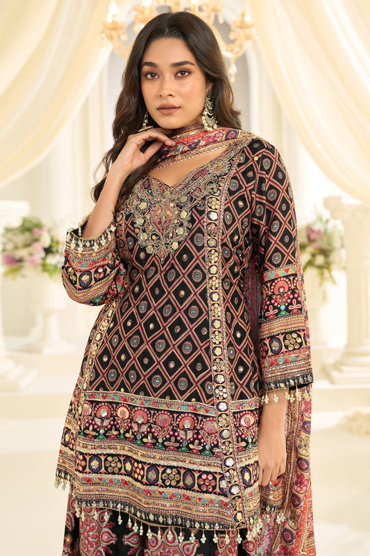 Black Readymade Embroidered Satin Silk Suit-SAR12113_2_SareeButa.com