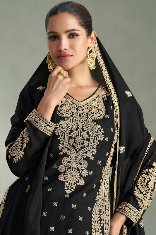 Black Readymade Heavy Work Chinon Silk Suit-SS699_2_SareeButa.com