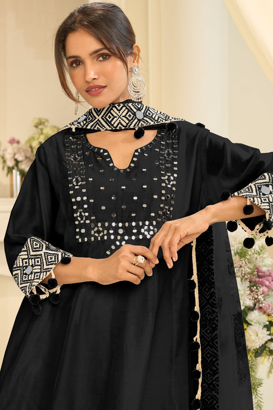 Black Readymade Mirror Work Silk A-line Suit-SAR12167_2_SareeButa.com