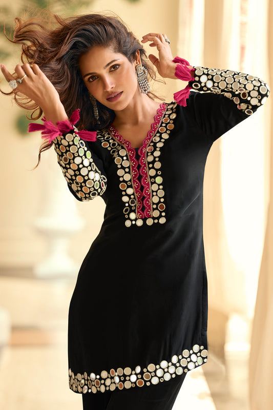 Black Readymade Mirror Work Silk Suit-SAR11984_2_SareeButa.com