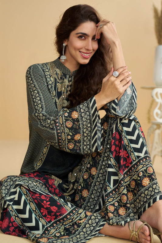Black Readymade Printed Crepe Palazzo Set-SAR11065_2_SareeButa.com