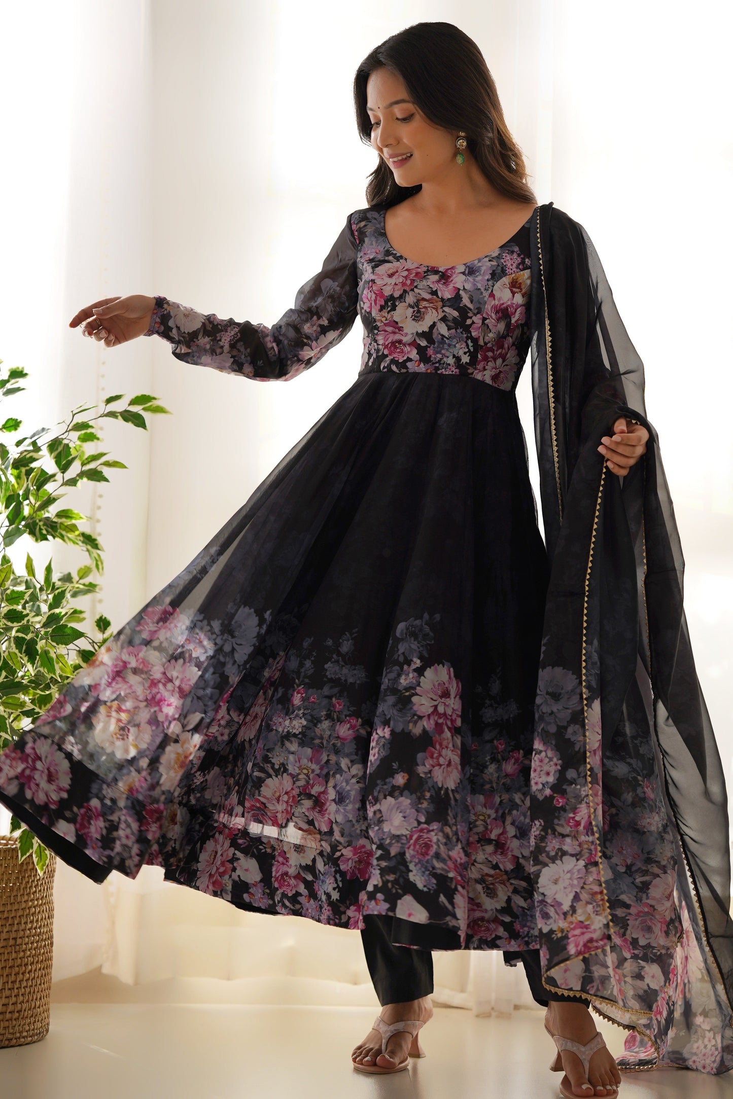Black Readymade Printed Organza Anarkali Suit-SS494_5_SareeButa.com