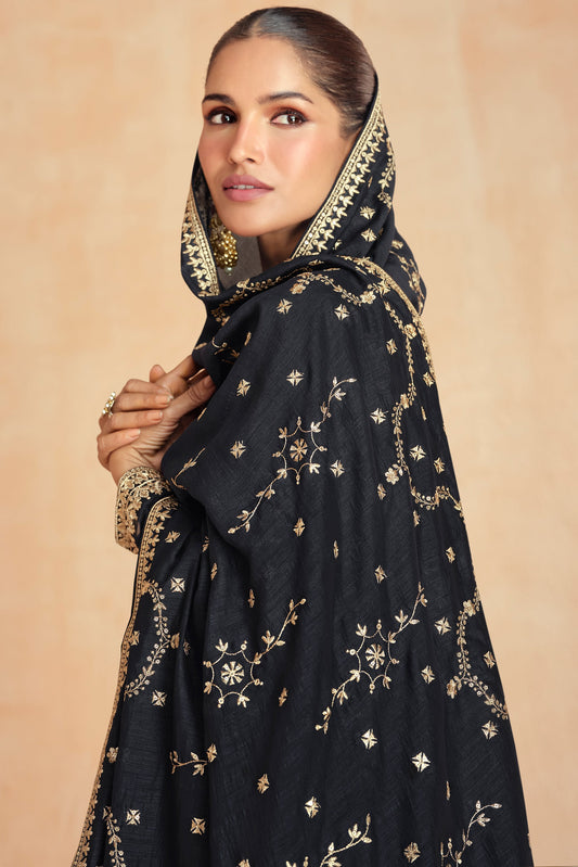 Black Readymade Silk Gown with Dupatta-SS579_2_SareeButa.com