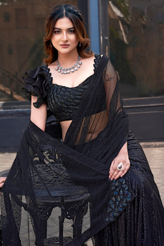 Black Tulle Net Saree with Readymade Blouse-ZB134395_2_SareeButa.com