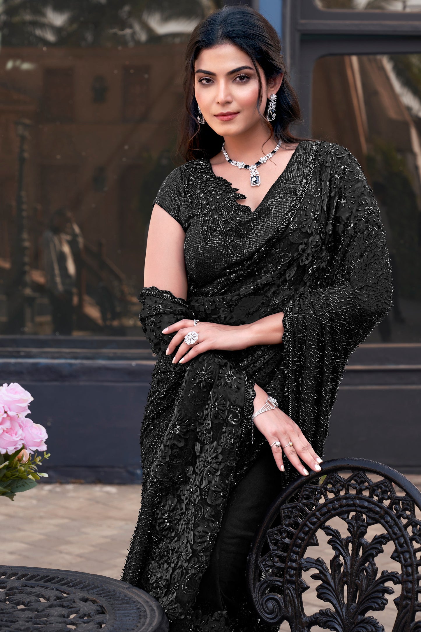 Black Tulle Net Saree with Readymade Blouse-ZB134403_2_SareeButa.com