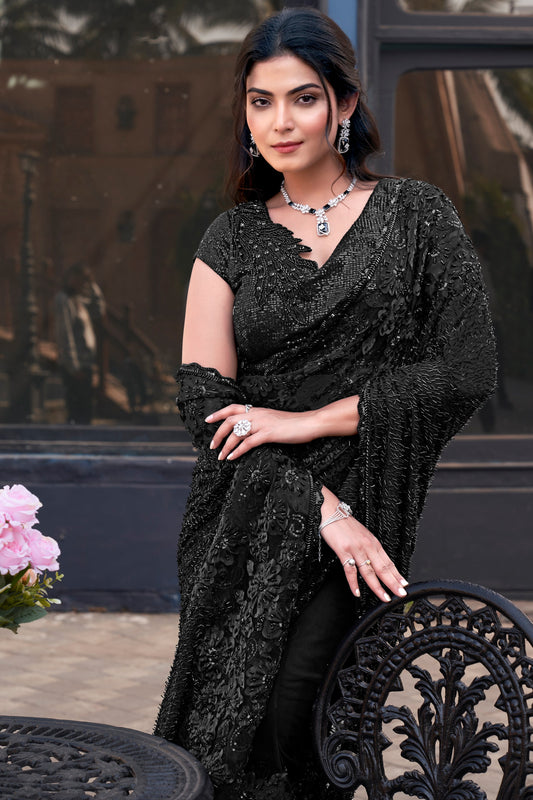 Black Tulle Net Saree with Readymade Blouse-ZB134403_2_SareeButa.com