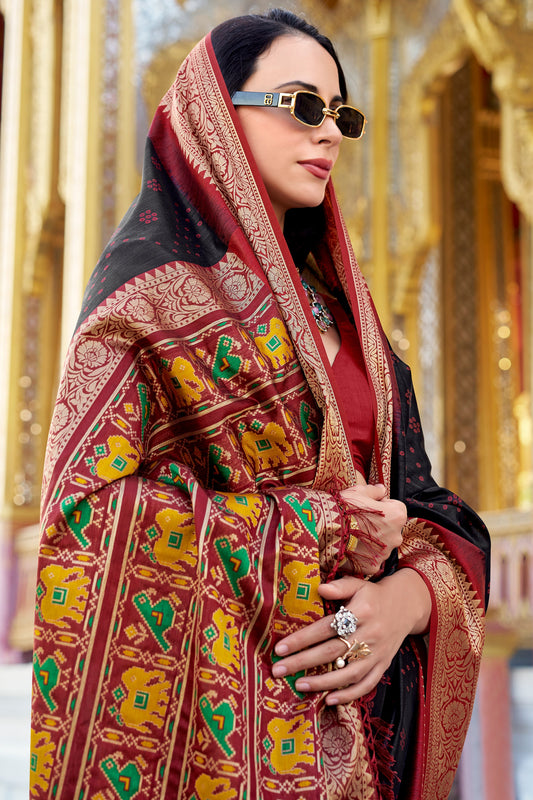Black Tussar Silk Saree with Patola Pallu-ZB133783_2_SareeButa.com