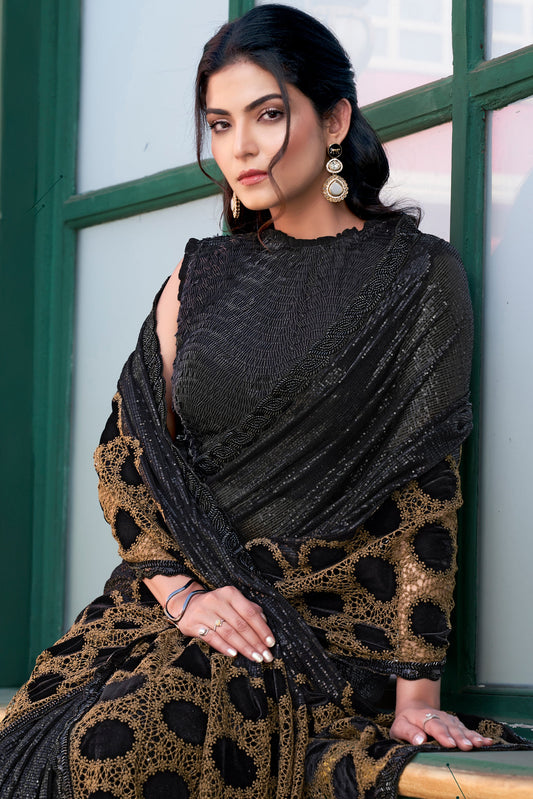Black Velvet Saree with Readymade Blouse-ZB134398_2_SareeButa.com