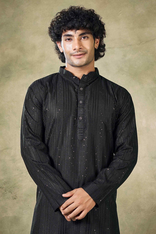 Black Viscose Sequin Kurta Pajama-MW42_2_SareeButa.com