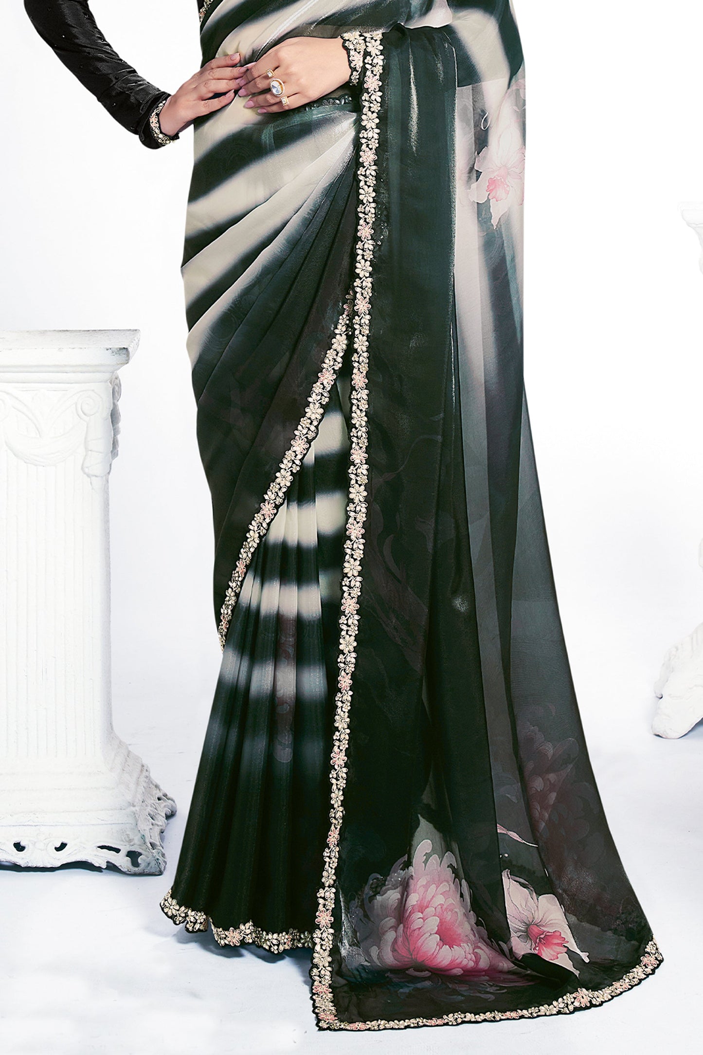 Black & White Digital Printed Satin Silk Saree-SAR10259_4_SareeButa.com