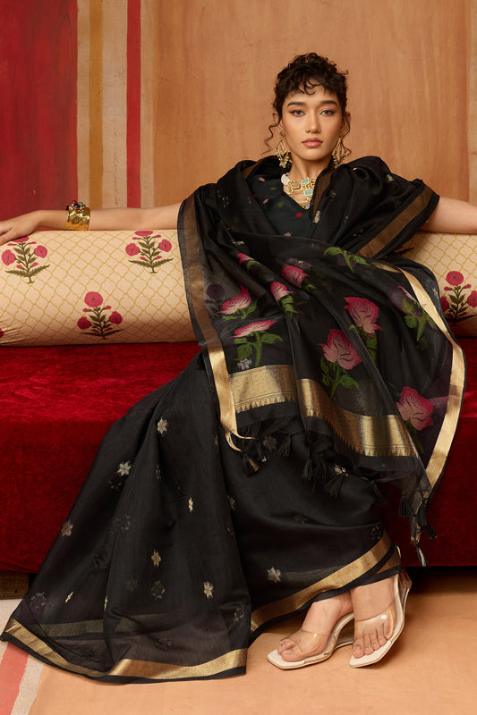Black Woven Munga Cotton Saree-SAR11933_2_SareeButa.com