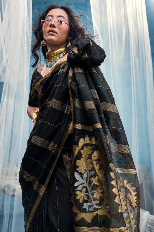 Black Woven Munga Cotton Saree-SAR12911_2_SareeButa.com