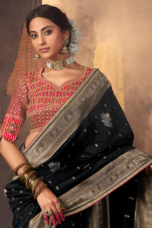 Black Woven Silk Saree With Lace Border-ZB134635_2_SareeButa.com
