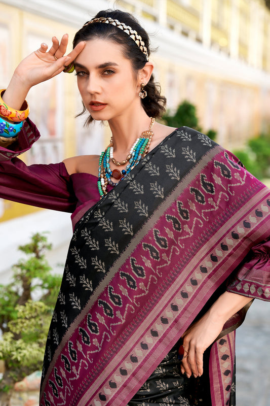Black Woven Soft Ikat Silk Saree-SAR10029_2_SareeButa.com