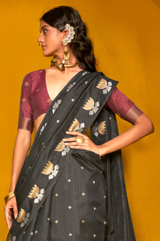 Black Woven Tussar Silk Saree-ZB133745_2_SareeButa.com