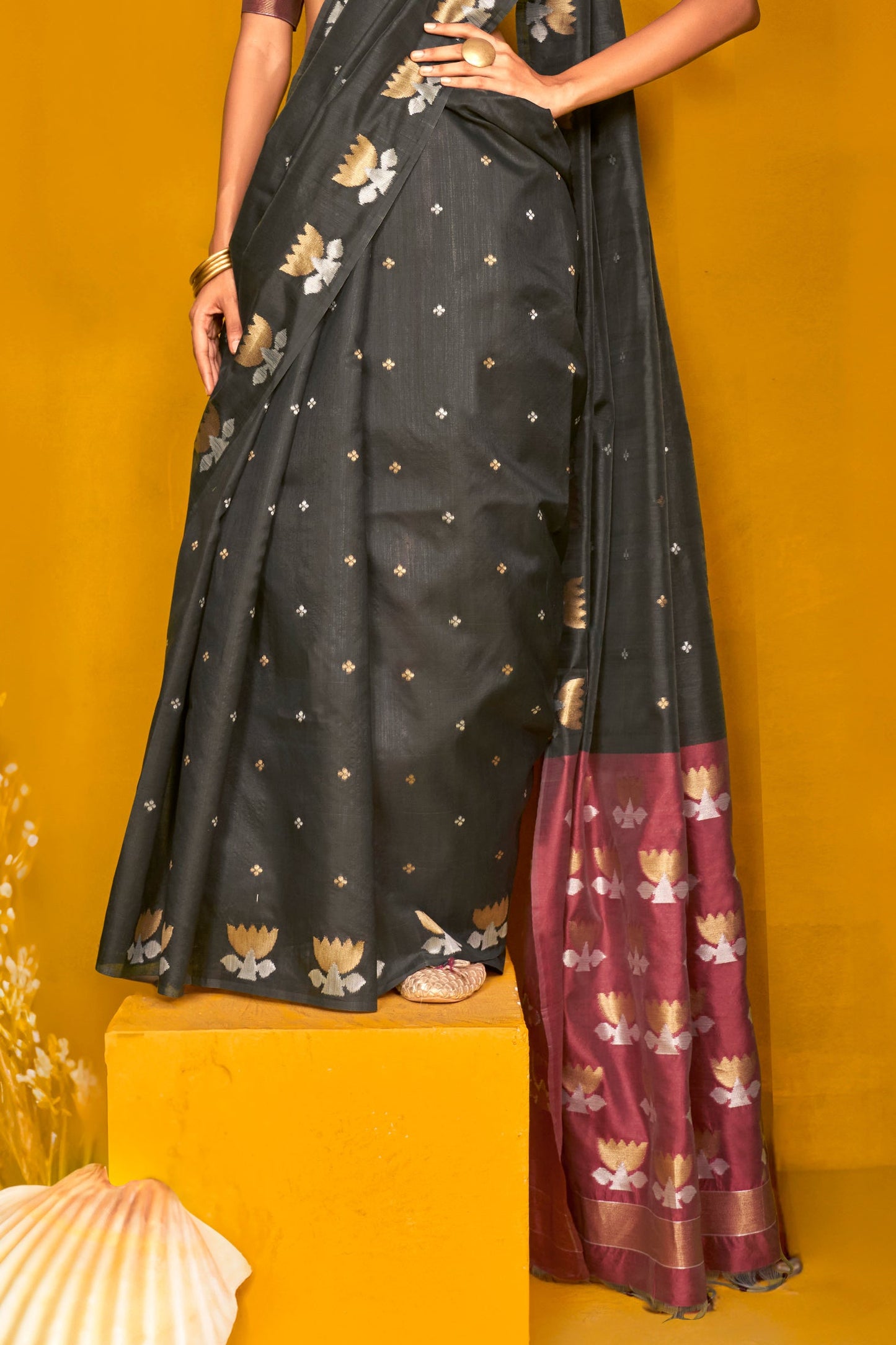 Black Woven Tussar Silk Saree-ZB133745_4_SareeButa.com