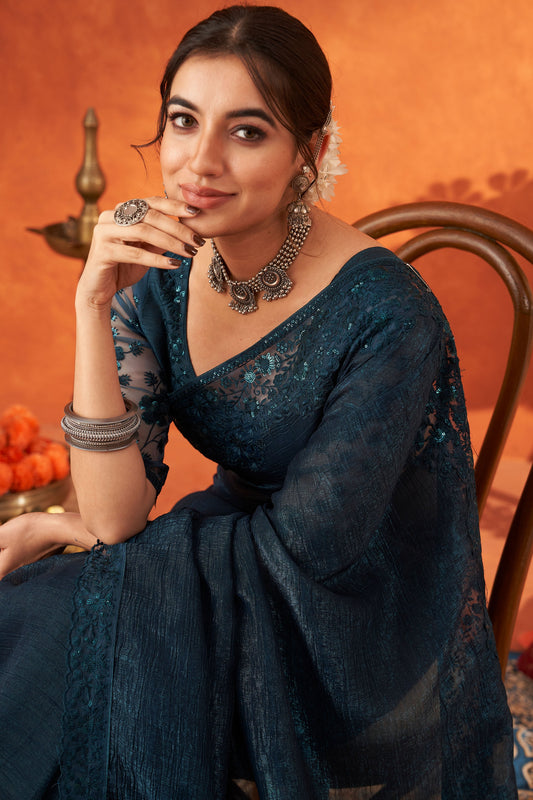 Blue Embroidered Chiffon Saree-ZB133006_2_SareeButa.com