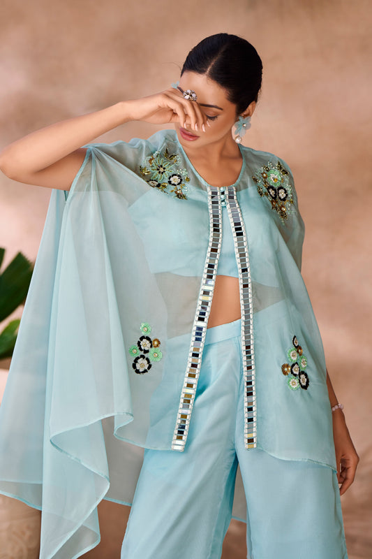 Blue Embroidered Organza Co-Ord Set-SS237_2_SareeButa.com