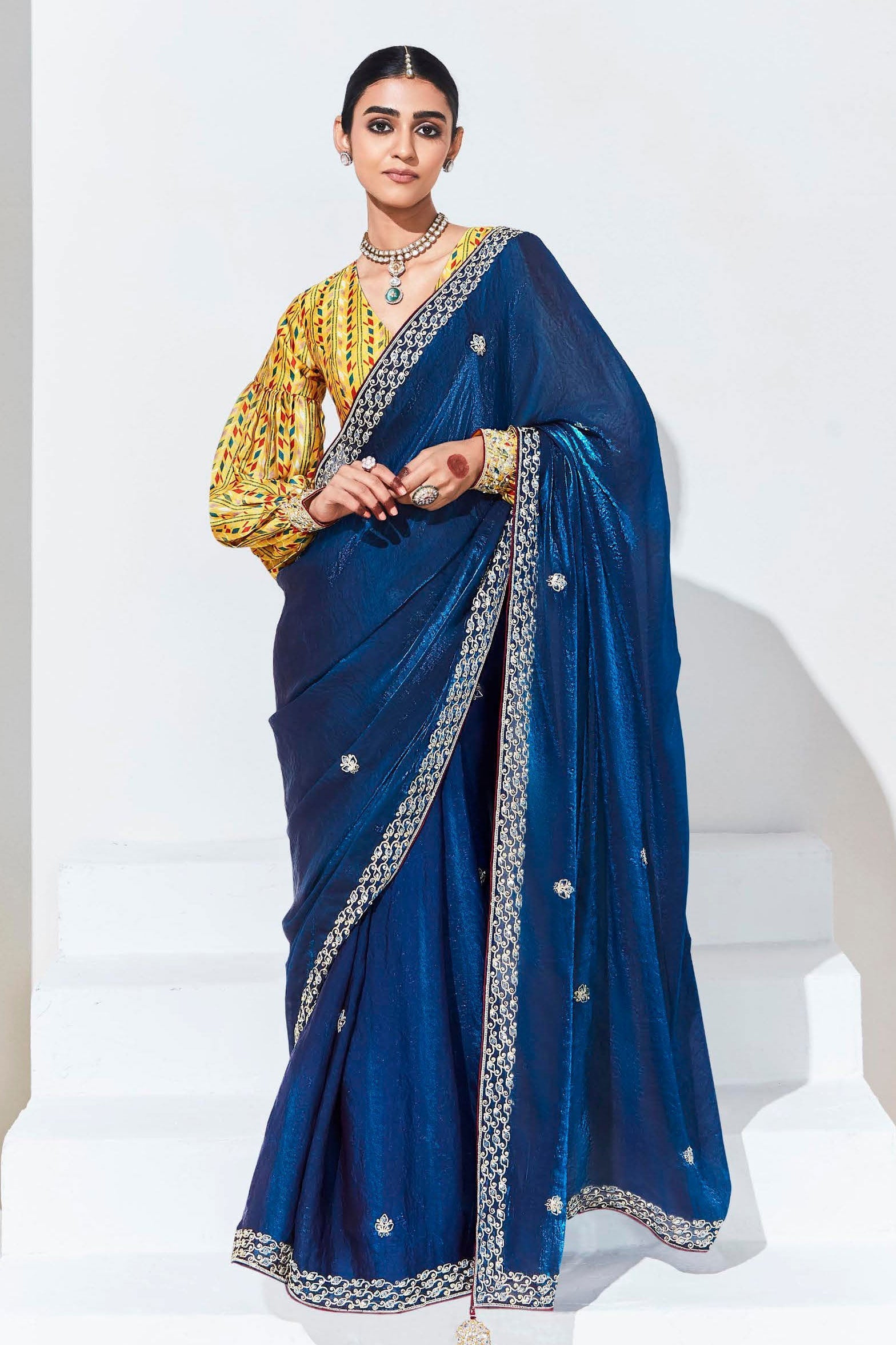 Blue Stone Work Organza Saree