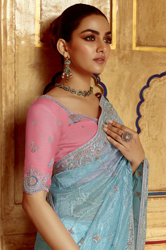 Sky Blue Embroidered Organza Saree-ZB134262_2_SareeButa.com