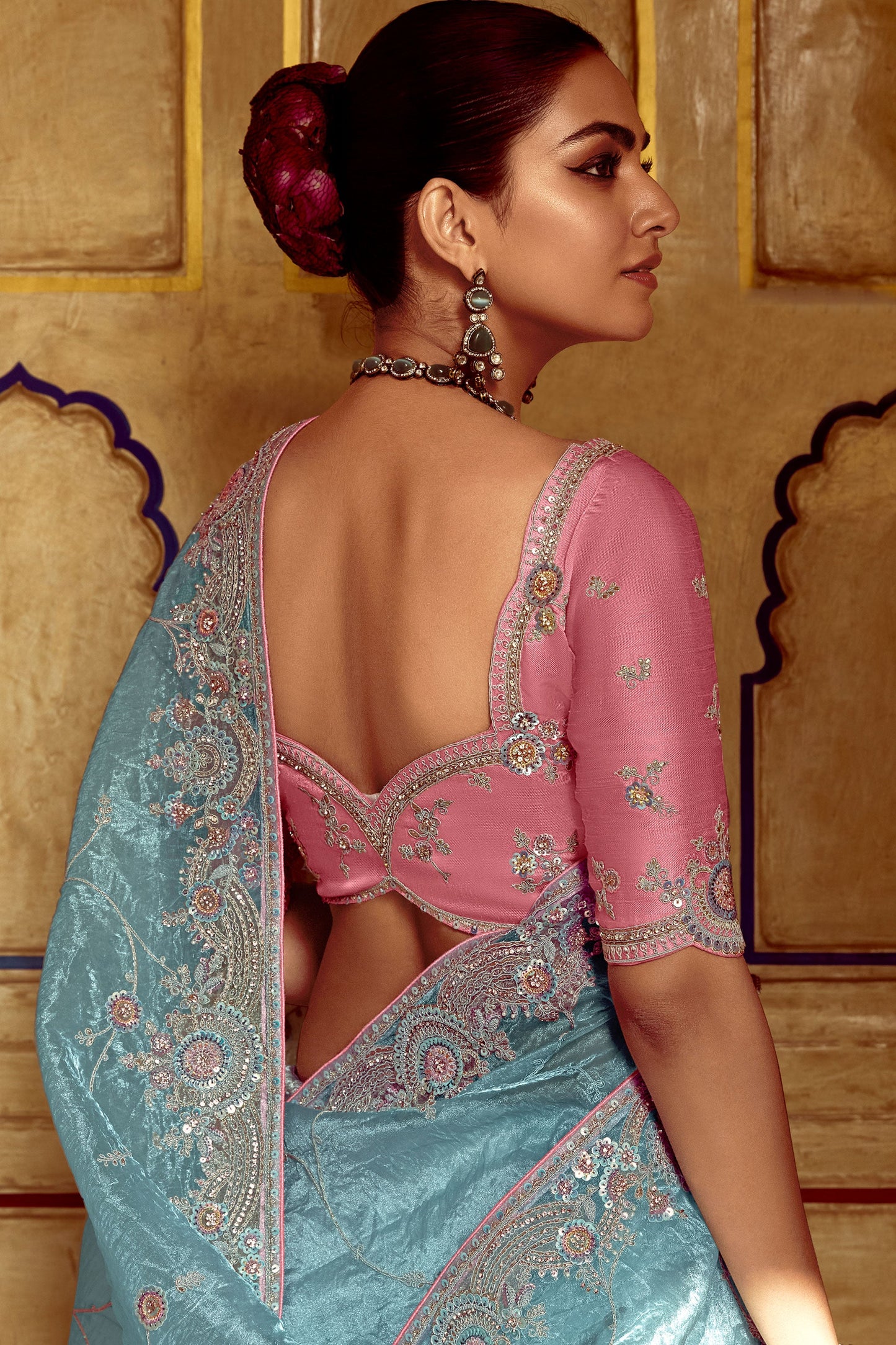 Sky Blue Embroidered Organza Saree-ZB134262_4_SareeButa.com
