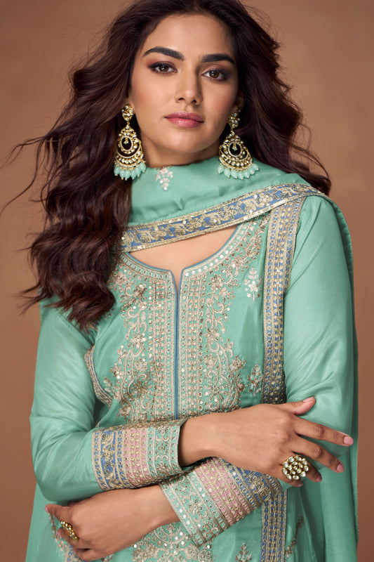 Blue Green Embroidered Organza Silk Readymade Suit-SS170_2_SareeButa.com
