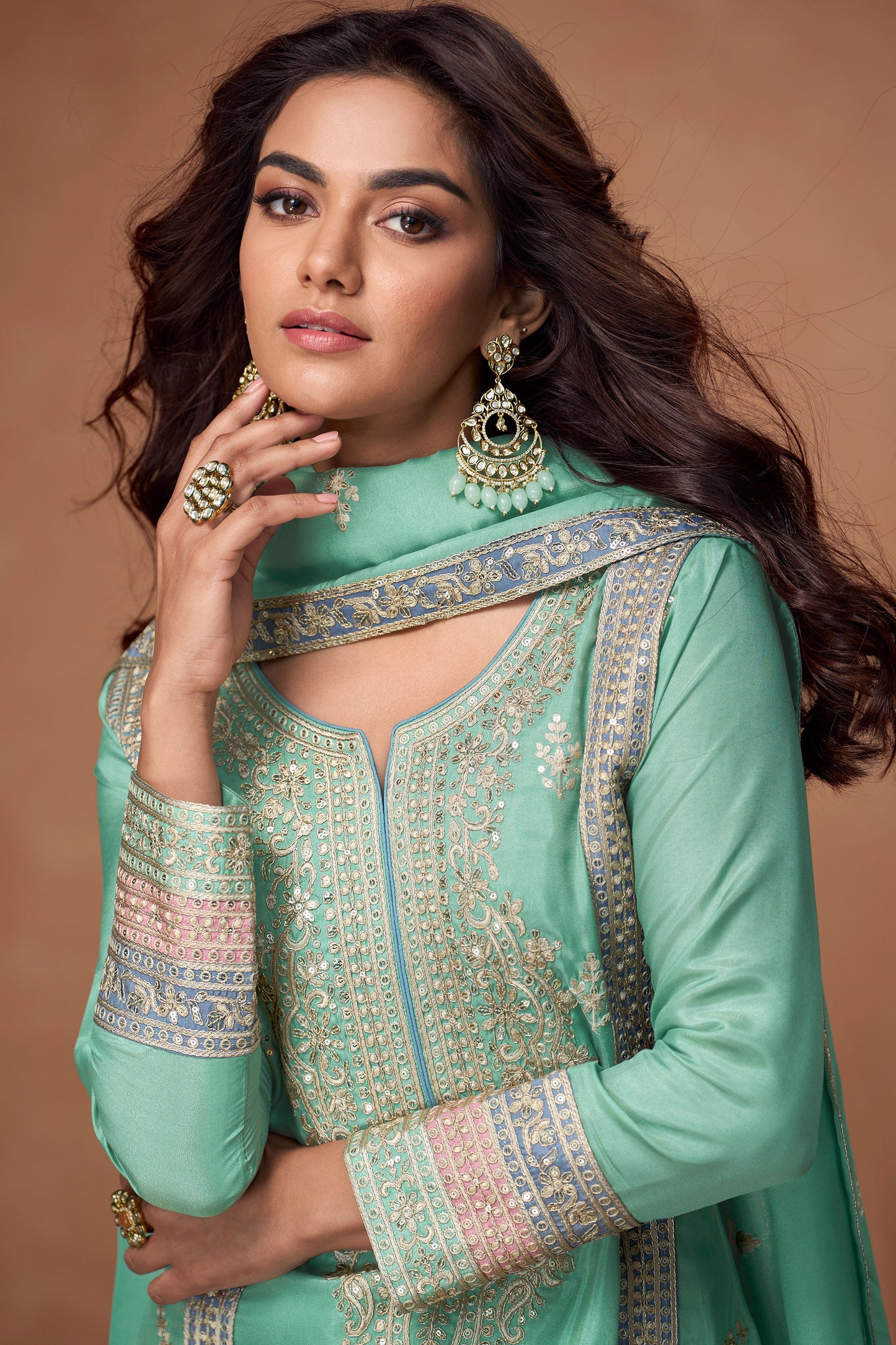 Blue Green Embroidered Organza Silk Readymade Suit-SS170_4_SareeButa.com