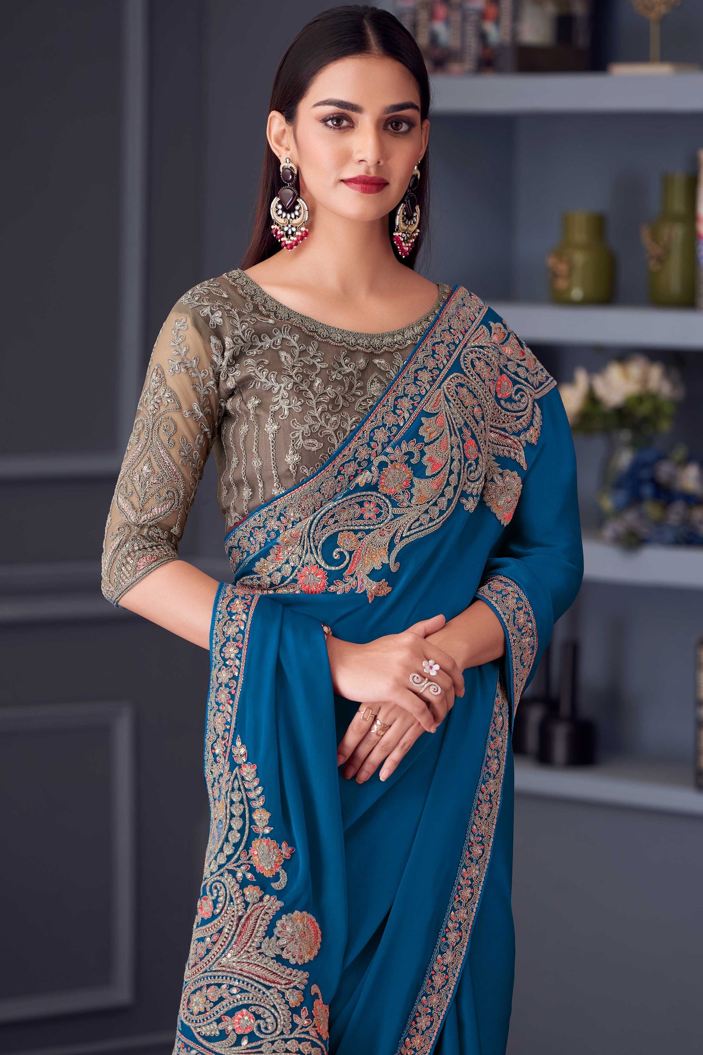 Blue Embroidered Satin Silk Saree-ZB133646_2_SareeButa.com