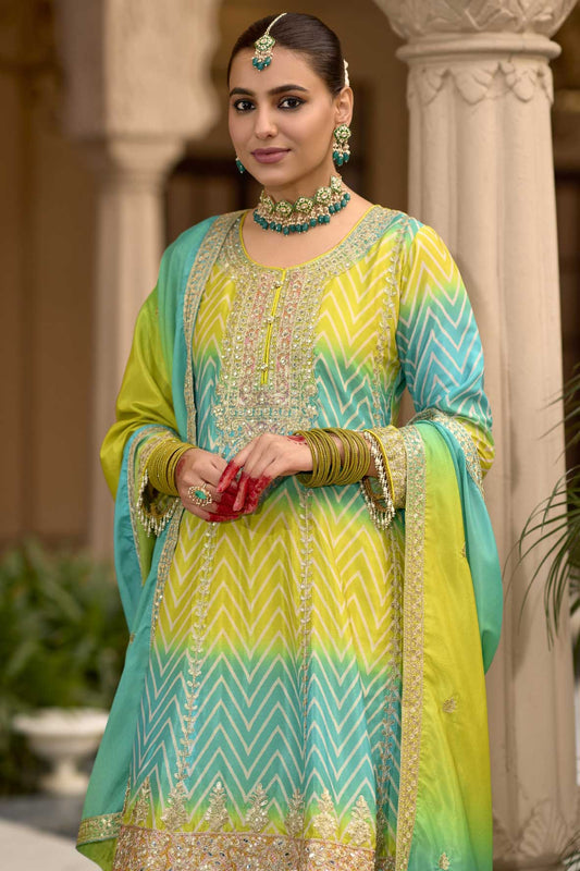 Blue Green Embroidered Chinon Readymade Salwar Suit-SS642_2_SareeButa.com