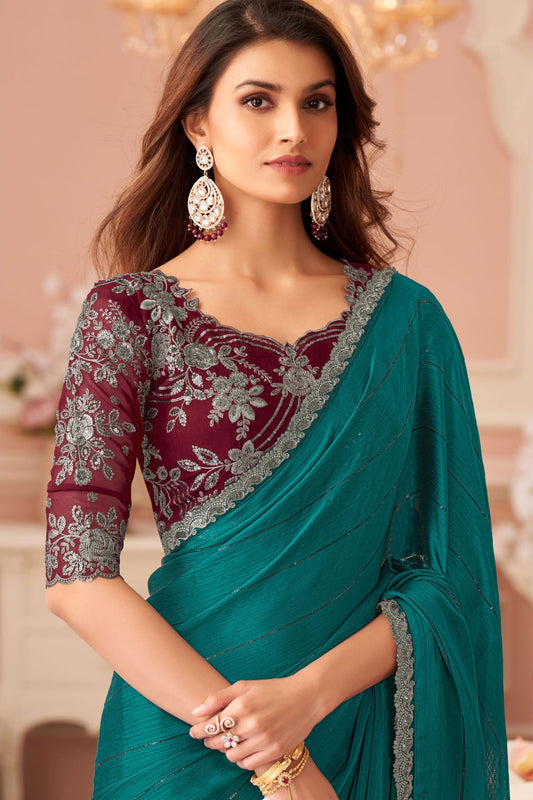 Blue Green Embroidered Satin Saree-ZB133971_2_SareeButa.com
