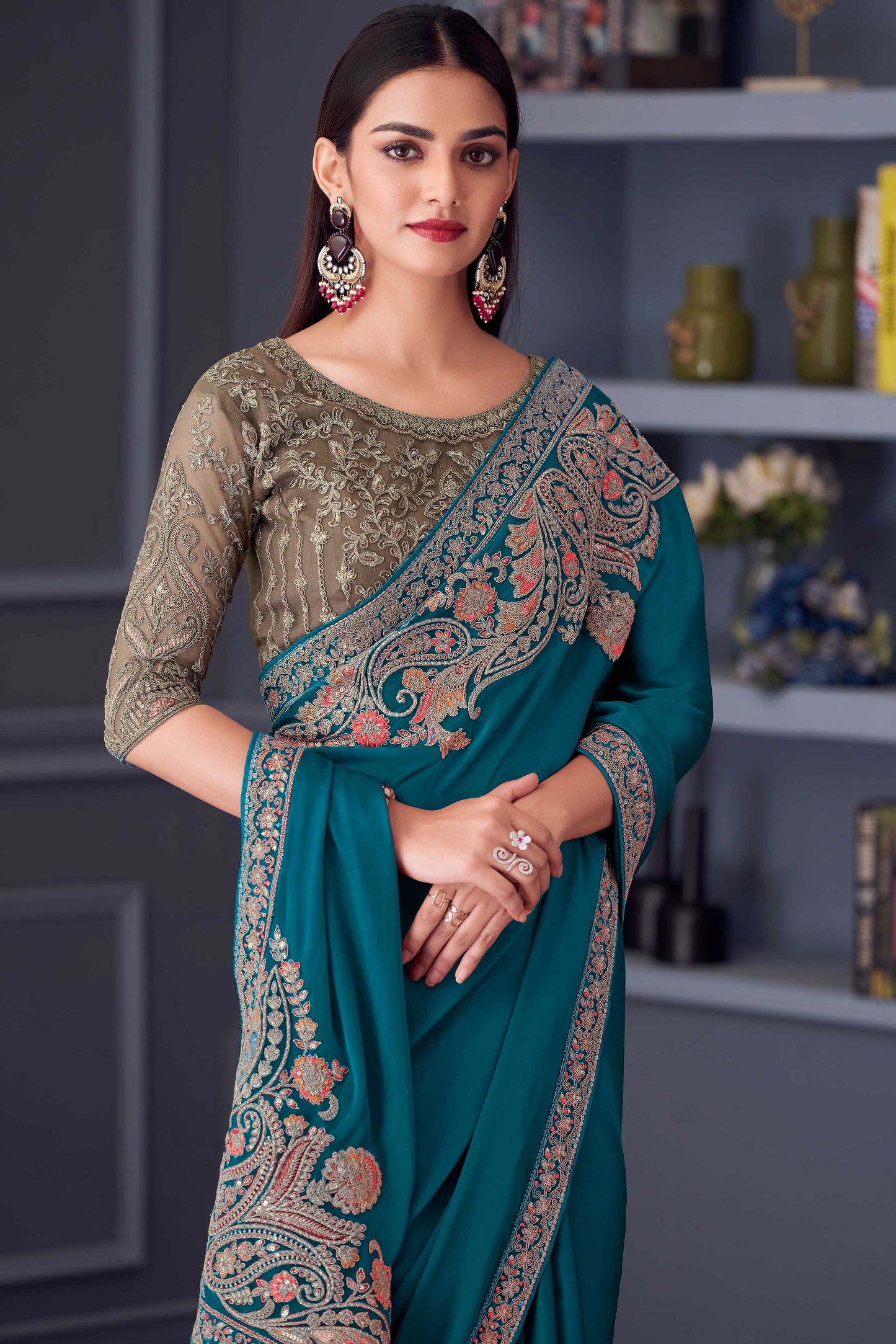 Blue Green Embroidered Satin Silk Saree-ZB133650_2_SareeButa.com