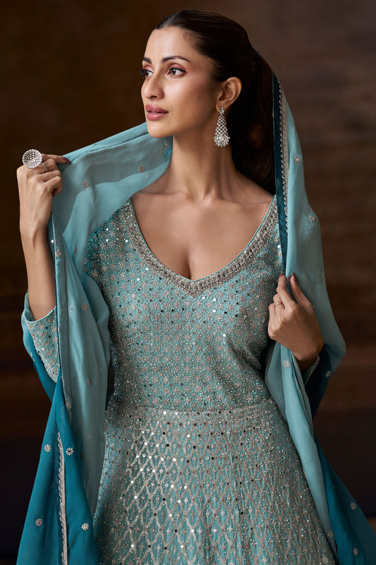 Blue Heavy Work Georgette Gown with Dupatta-SS204_2_SareeButa.com
