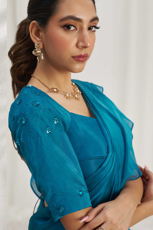 Blue Organza Readymade Saree with Stitched Blouse-ZB133661_2_SareeButa.com
