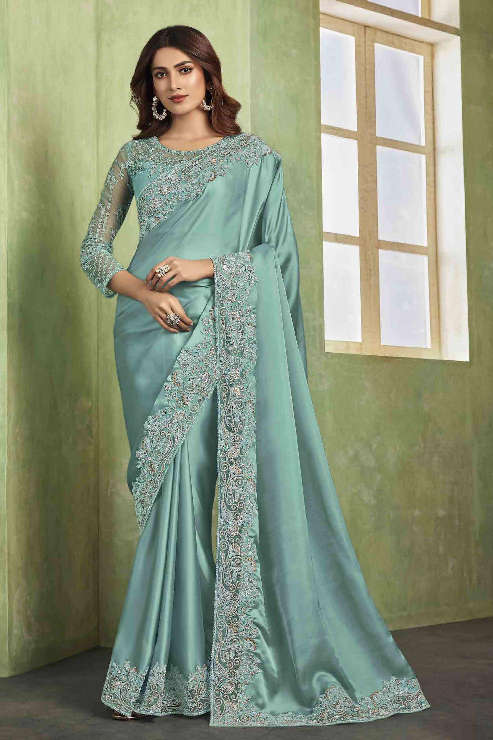 Mystic Blue Satin Saree