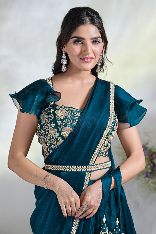Blue Satin Silk Readymade Saree-ZB133492_2_SareeButa.com